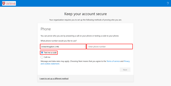 Choose United Kingdom and enter your mobile phone number. Then click Next